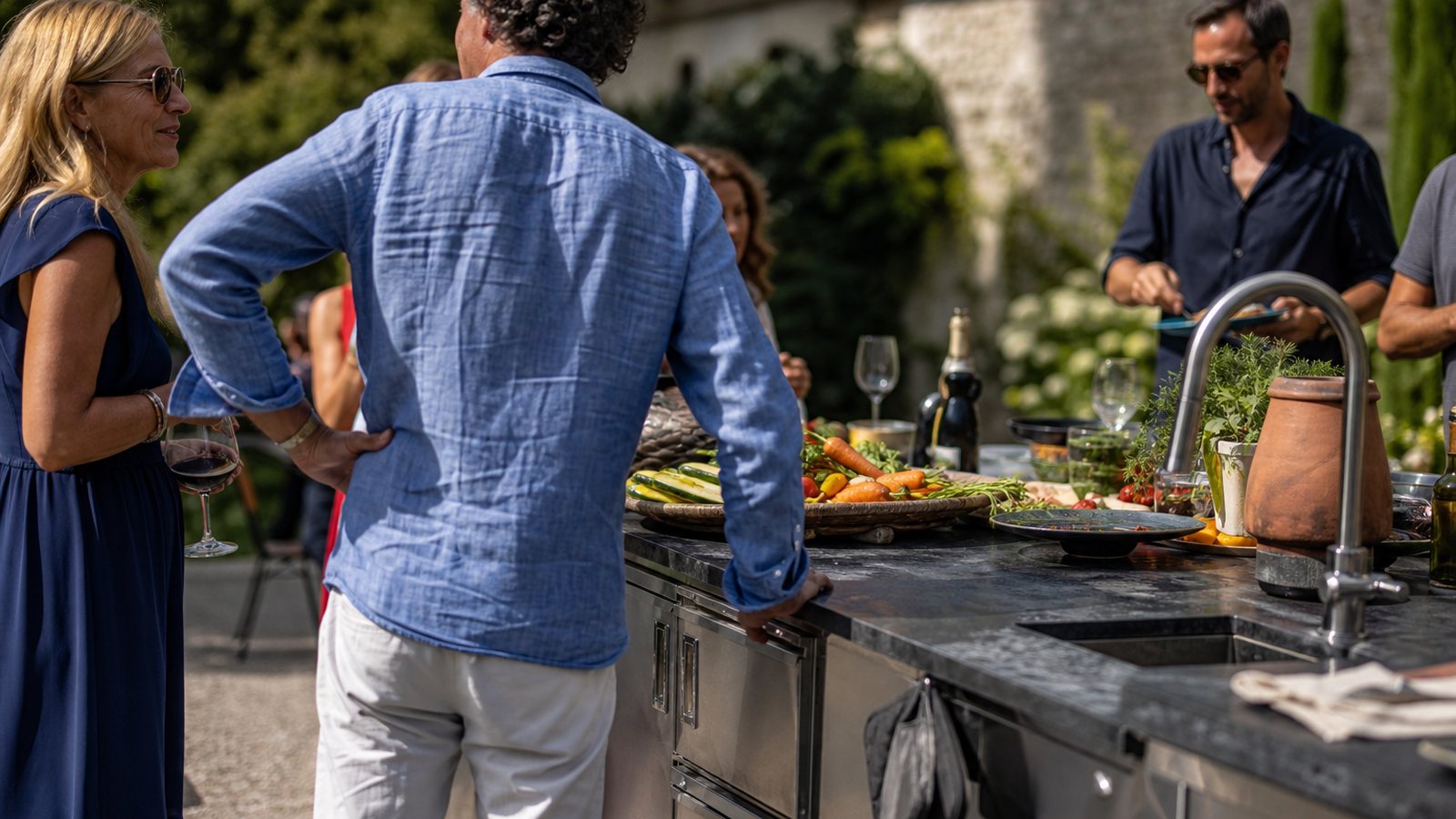 Îlot de cuisine extérieure avec plancha face aux convives pour recevoir en plein air