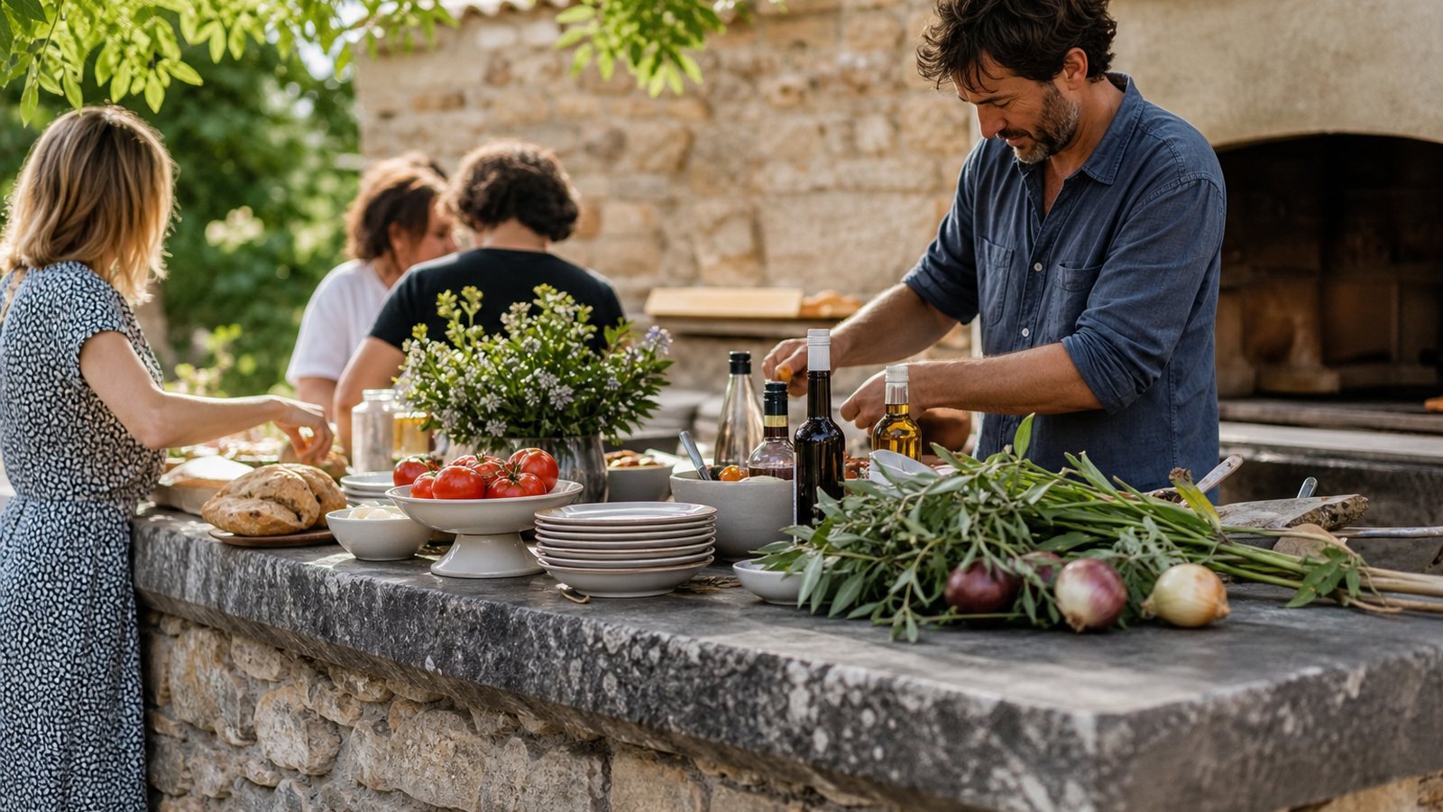 Cuisine extérieure haut de gamme avec plancha et plan de travail en pierre sur une terrasse