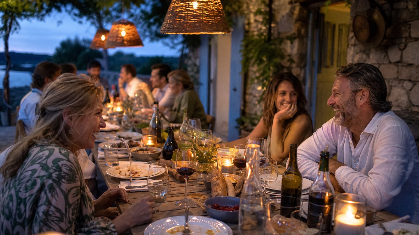 Plancha et plan de travail éclairés lors d'un dîner en cuisine extérieure la nuit