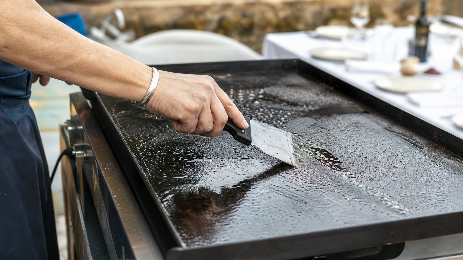 Nettoyage à chaud d'une plancha dans une cuisine extérieure bien entretenue