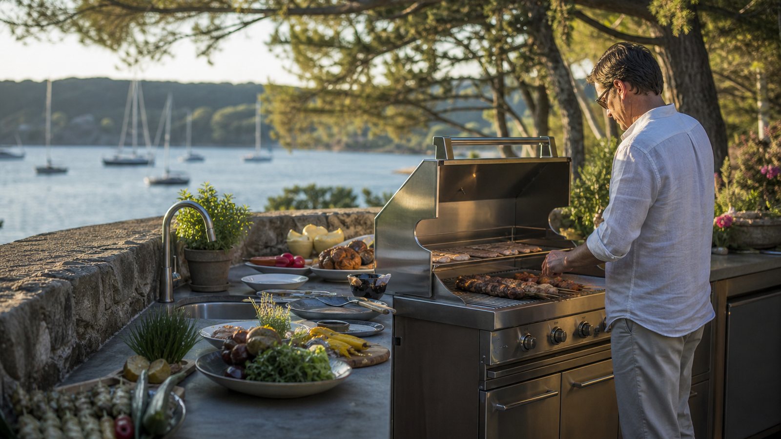 Inox massif, pierre naturelle et bois de haute tenue d'une cuisine extérieure durable