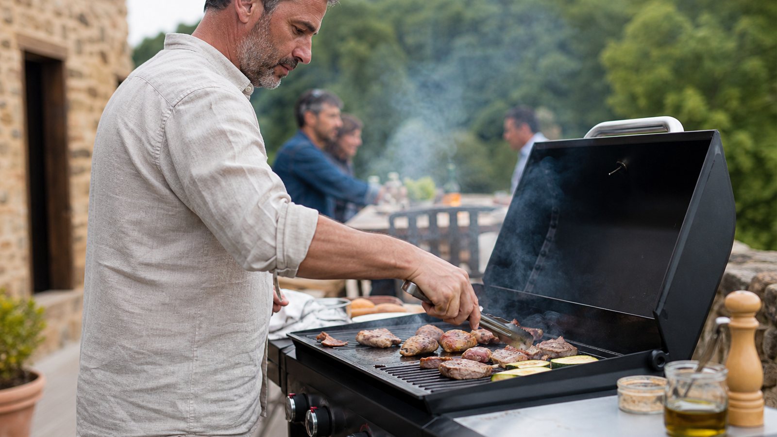 Plancha au gaz en pleine cuisson dans une cuisine extérieure haut de gamme